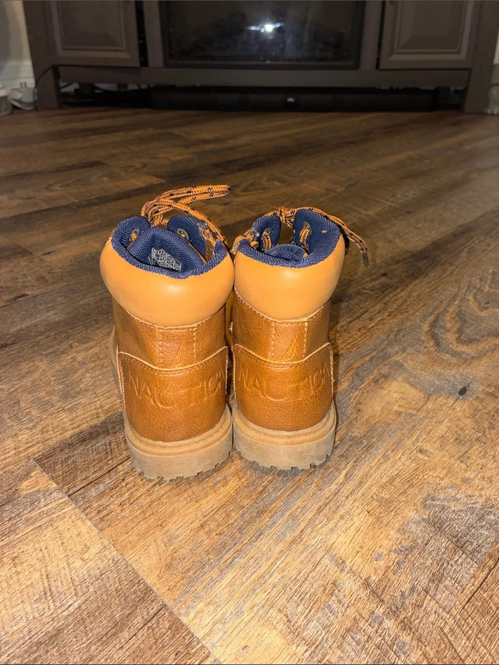 Nautica Chestnut Brown Kids Lace-Up Boots with Navy Collar